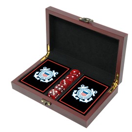 Military Gift Shop USCG Playing Cards with Dice – Wooden Keepsake Box Adorned with Metal USCG Medallion.- Veteran Owned Business