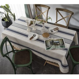 ArtBud White Blue Tablecloth Cotton Linen Farmhouse Table Cover Soft Washable Table Top for Parties Coffee Kitchen Décor Stripe(Rectangle/Oblong (Rectangle/Oblong, 60"×120"(10-12 Seats)