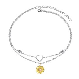 HOOHWE Anklet for Women Sterling Silver Sunflower Turtle Anchor Star and Moon Beach Anklet Double Layer with Beads Adjustable Boho Gift for Girls, Sterling Silver
