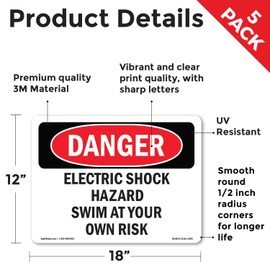 Electric Shock Hazard Risk Swim At Your Own Risk OSHA Danger Vinyl Decal Label 18 Inch x 12 Inch - 5 Pack