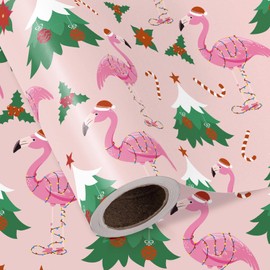 WRAPAHOLIC Flamingo Christmas Wrapping Paper - Mini Roll - 17 Inch x 16.5 Feet - Pink Christmas Tree and Flamingo Wrapping Paper for Xmas Holiday, Party Celebration