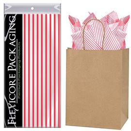 Flexicore Packaging Natural Brown Kraft Paper Gift Bags & Red Gift Wrap Tissue Paper | Size: 8 Inch X 4.75 Inch X 10.5 Inch | Count: 5 Bags | Color: Red Pin Stripe