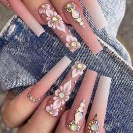 IMSOHOT Press on Nails Long Coffin Fake Nails Matte Nude Gradient Acrylic Full Cover False Nails with Flower & Rhinestone Designs Glue on Nails for Women Girls 24Pcs Ballerina Nail Supplies