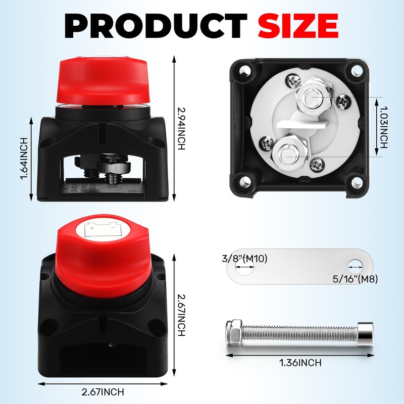 Relaxweex 2 Pcs Battery Disconnect Switch Top Post On/Off 12-48v