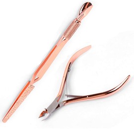 Rose Gold Stainless Steel Nail Art Tools Pinching Cuticle Pusher and Cuticle Cutter Nipper - Multifunction False Nail Cutter Shaping Tweezers Manicure Tools