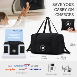 BAGROUPS Cabin Bag Hand Luggage Bag for Aeroplane Foldable Travel Backpack Waterproof Nylon Men Women Luggage Bag Travel Suitcase, Black + grey black + grey