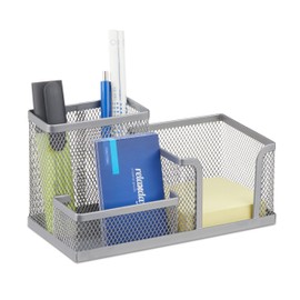 Relaxdays Desk Organiser with Stationary Tray with Pen Holder and Note Box, Metal Silver, 9.5 x 18.5 x 10 cm