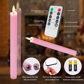 AFINETH Pink Flameless Taper Candles with Rmote, 9.6" Real Wax Battery Operated Candles with 3D Wick, 3 Pack Led Candles Flickering Candlesticks, Electric Candles for Home, Wedding, Party Decor