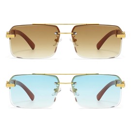 Gleyemor Mens Sunglasses Fashion Rimless Rectangle Sunglasses Square Frameless Sunglasses for Men (Gradient Brown+Gradient Green)