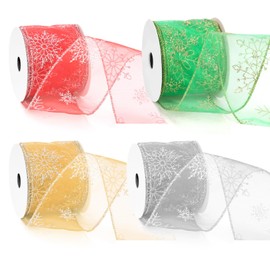 Tanstic 4Pcs Snowflake Glitter Wired Ribbon 2-1/2Inch Organza Glitter Ribbon Organza Wired Ribbon with Glitter Pattern and Metallic Edge for Gift Wrapping Tree Decoration(Green, Silver, Gold, Red)