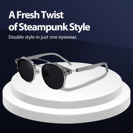 Technigadgets Pedro Steampunk - anteojos de sol de doble lente con clip para hombre, diseño retro polarizado, doble puente metálico, protección UV 400, Transparente Gris Negro, 45mm