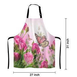 Lefolen Flower Decor Butterfly Fliying on the Pink Rose Adjustable Bib Apron Kitchen Cooking Baking Gardening Apron for Women Men