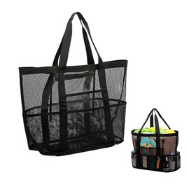 Beach Bag Large Mesh Beach Bag Family Mesh Bath Bag Mesh Bag for Sand Toys Foldable Handbags with Waterproof Pockets and Zip for Beach, Holiday, Travel, Gym, black, L