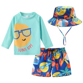 Toddlers Baby Boys' 3-Piece Swimsuit Trunk Rashguard Set and Sun Hat Swimwear Bathing Suit UPF 50+Suns Up(3-4T)