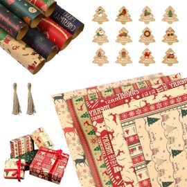 Christmas Wrapping Paper Christmas 12 Rolls Each 50 x 70 cm Made of Recycled Paper Christmas Paper with 12 Christmas Cards Tags and 2 x 10 m Cotton Rope for DIY Christmas Gift Wrapping