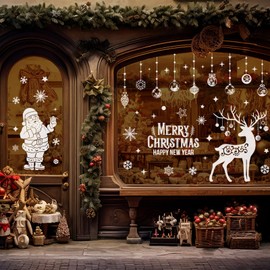 104 Pcs Large Christmas Window Stickers, White Xmas Window Stickers Clings Reusable, Double Sided Window Stickers Christmas Scene for Shop Xmas Decorations with Snowflake Santa Tree for Glass Decals