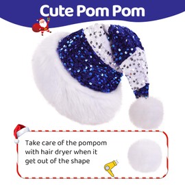 PUZAUKAL Christmas Hat Sequins Santa Hat Elf Adult Unisex Santa Hat Warm and Comfortable Extra Soft for Christmas New Year Festive Christmas Party, Blue/White