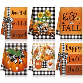 Windkream 6 Pieces Fall Kitchen Towels Pumpkin Dish Towels Thanksgiving Bathroom Hand Towels 21.26 x 14.17 Inches Buffalo Plaid Autumn Sunflower Tea Towels for Kitchen Bathroom Farmhouse Gifts Decor