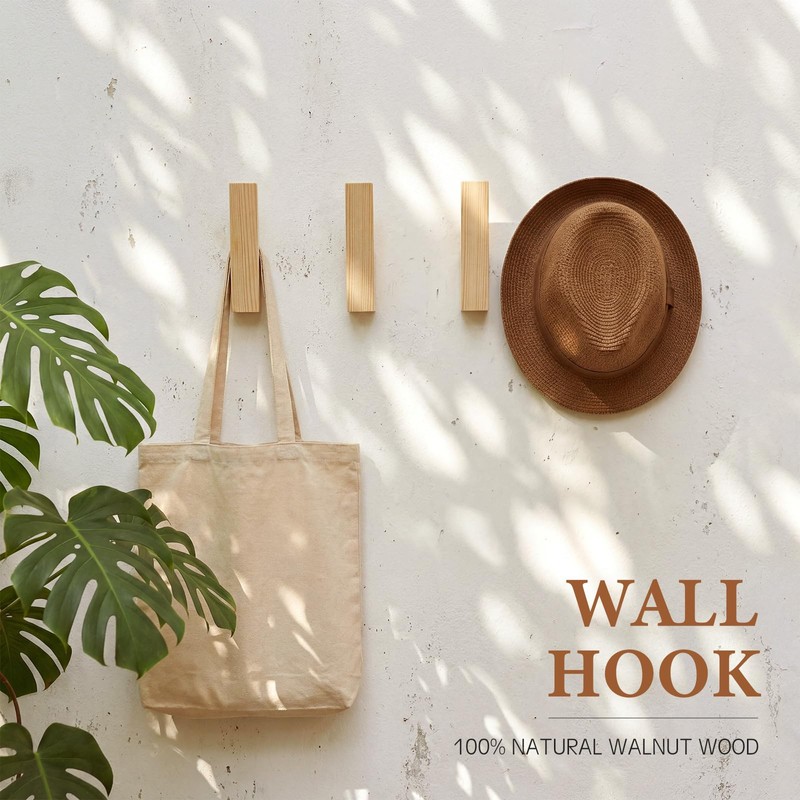 Leinuosen 6 Pack Wood Wall Hooks Walnut Coat Hooks Wall