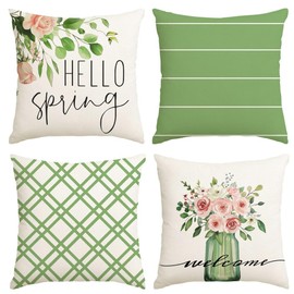 RABUSOFA Spring Pillow Covers 18x18 Inch Set of 4 Outdoor Spring Decorations for Home,Green Farmhouse Decor Throw Decorative Cushion Covers for Couch Patio