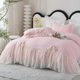 IHOUSTRIY Duvet Cover Full Size, Ruffle Beddding Set with Bowtie, 3 Pieces Comforter Cover Set with Zipper Closure, Girl Princess Bedding with Pillowcase - Light Pink, Full