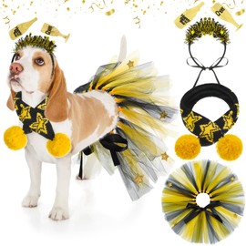 SilTriangle 3 Pcs New Year Dog Costume Set Including Happy New Year Wine Glass Headband New Year Dog Tutu Dress Cute PET Tutu Gold and Black Star Pet Scarf for Medium Dogs Holiday Outfit Accessory