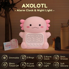 Axolotl Alarm Clock with Night Light for Kids, 7 RGB Color Cute Alarm Clocks for Bedrooms Ok to Wake Clocks, Silicone Animal Tabletop Lamp for Teen Girls Boys