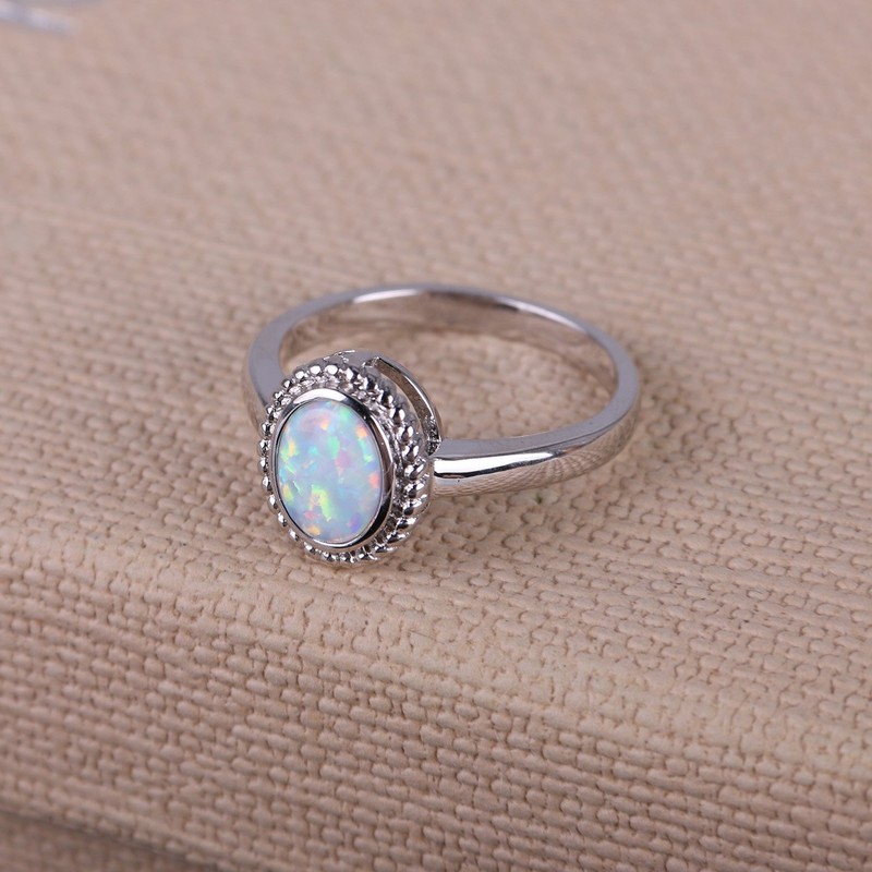 KELITCH Synthetic Opal Silver Ring, Handamde Egg Round Ring for