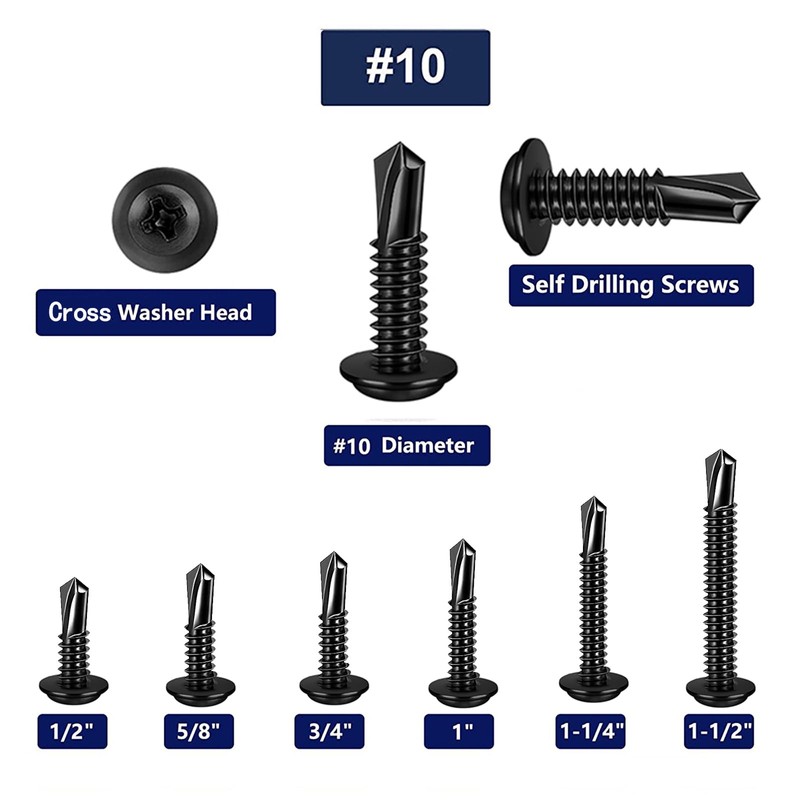 ZAMBASE 100PCS #10x1 Black Crosshead 410 Stainless Steel Self-Drilling Screws
