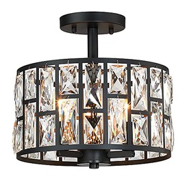 Farmhouse Crystal Round Semi Flush Mount Modern Close to Ceiling Light Fixture, Mexo Cylinder Drum Shade Ceiling Lights 3LT Ceiling Lamp for Kitchen Island Dinning Room Bedroom, Hallway Black Finish