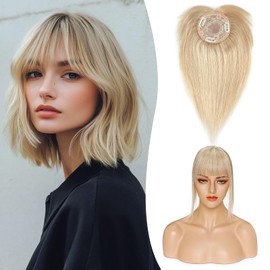S-noilite Hair Topper for Women Real Hair with Fringe - Mono Base Toupee Hairpiece for Thin Hair 35 cm - 38 g #18/613 Light Ash Blonde / White Blonde)