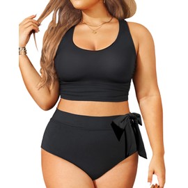Trajes de baño de dos piezas de talla grande, bikini de cintura alta, cuello redondo, traje de baño, Negro -, 12 Plus