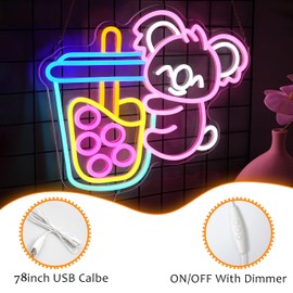 LISIGNVE Koala Bubble Tea Neon Sign for Wall Decor Cute Bear Led Signs Animal Koala Neon Light Boba Milk Tea Light Up Sign for Bubble Store Coffee Bar Dessert Shop Kids Room(16.5”*12.6”)