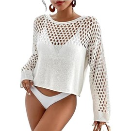 Bsubseach Crochet Cover Up Women Splicing Beach Coverups Hollow Out Bikini Cover Up White Tops M