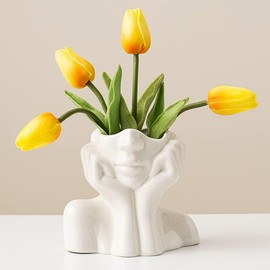 White Ceramic Face Vase - Flower Vase Desk Decor Female Form Head Bust Vase for Modern Home Living Room Table Bookshelf Decor