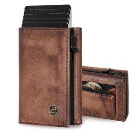 Fa.Volmer Pop-up card case with coin compartment made of genuine leather for men and women, 11 cards, RFID protection, wallet, Antique Brown, XL coin pocket, Small coin compartment