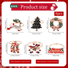 12pcs Christmas Napkin Rings, 6 Designs Xmas Napkin Holder Buckle Christmas Tree Merry Christmas Wreath Jingle Bell Reindeer Candy Cane Gold Napkin Rings for Holiday Table Dinner Wedding Party Decor