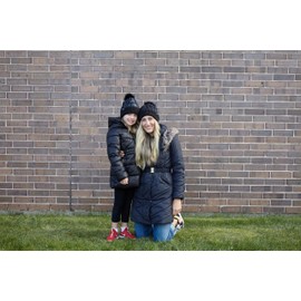 Funky Junque Mom and Me Matching Puffer Pom Hat Beanies Set for Women and Kids, Black (2 Pack)