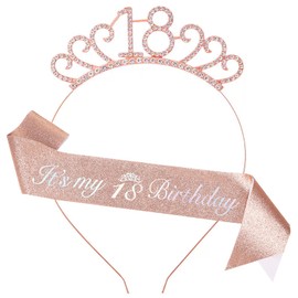18th Birthday Decoration for Girl,Rose Gold Birthday Sash and Rhinestone Headband for Girl's 18th Birthday Party Decor