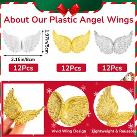 36 Pieces Christmas Plastic Angel Wings for Crafts Mini Angel Wings Christmas Tree Decorations Angel Wings Ornaments Party Favors DIY Costume Backpack Accessory 3.15 Inch, Gold, Silver, White