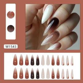 White Ombre Press on Nails Long Stiletto Fake Nails Brown False Nails Press ons Full Cover Nail Tips with Glitter Design Acrylic Nail Kit Stick on Nails for Women 24 Pcs