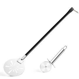 Perforated Pizza Turning Peel with Adjustable Long Handle, Leonyo 8 Inch Round Pizza Peel & Classic Cutter Wheel, Lightweight Stainless Steel Spatula Paddle for Chefs, Bakers, Homemade Oven