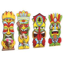 Fjoron 4 Pcs Tiki Mask Towel Hooks Tiki Wooden Ornament Hooks Hawaii Decorative Wall Hooks for Tiki Bar Beach Swimming Pool Bathroom Bedroom Wall Mounted Decor
