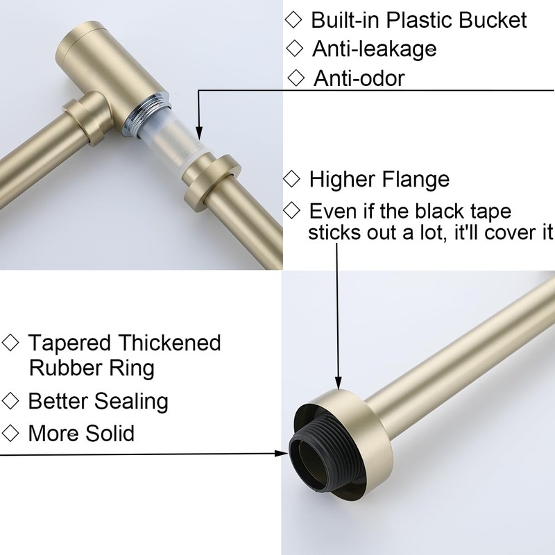 RANDOM Brushed Gold Brass Bottle P Trap Kit with Overflow.RD83888BG-L-S6