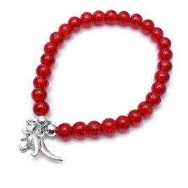 Dinosaur Charm Bracelet, Cute 6mm Bright Red Crackle Glass Beads on Elastic : Size XS/S 6.5 inches, Jewellery Gift for Dino Lover, Beaded Dinosaur Bracelet