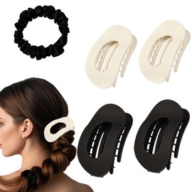 4 PCS Hair Clips for Women, Flat Claw Clips for Lying, Non-Slip Clip for Thick Thin Hair, Large Strong-Hold Claws for Styling, Light Cute Women Girls Kids, Matte Black, Off White, Satin Hair Tie Black