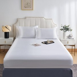 DuShow Fitted Sheet-Deep Pocket Satin Silky Bed Sheet,Breathable Soft and Comfortable-Wrinkle,Fade,Satin and Abrasion Resistant(Double,White)