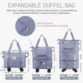 VOOWO Rolling Duffle Bag with Wheels, Expandable Foldable Duffle Bag with Wheels and Handle for Travel, Rolling Luggage Bag Carry on Duffel Bag, Wheeled Travel Duffle Bag, Large Weekend Bag (Blue)