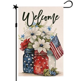 BVB 12"x 18" Double-Sided Patriotic Burlap Garden Flag with Red & Blue Mason Jar Flowers - Perfect for 4th of July & Memorial Day Outdoor Decorations