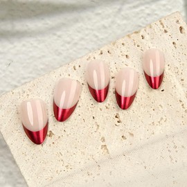 24pcs French Tip Press on Nails Medium Almond Fake Nails Acrylic Full Cover Artificial Nails for Women and Girls Glossy Red False Nails Kit for Manicure